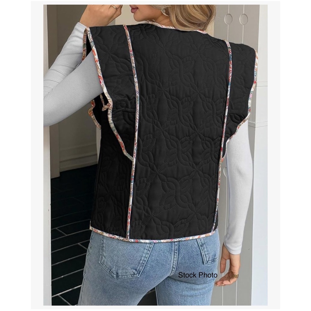 Tankaneo Womens Quilted Toggle Vest White Paisley Trim Ruffle Cap Sleeve‎ Medium - Picture 11 of 14